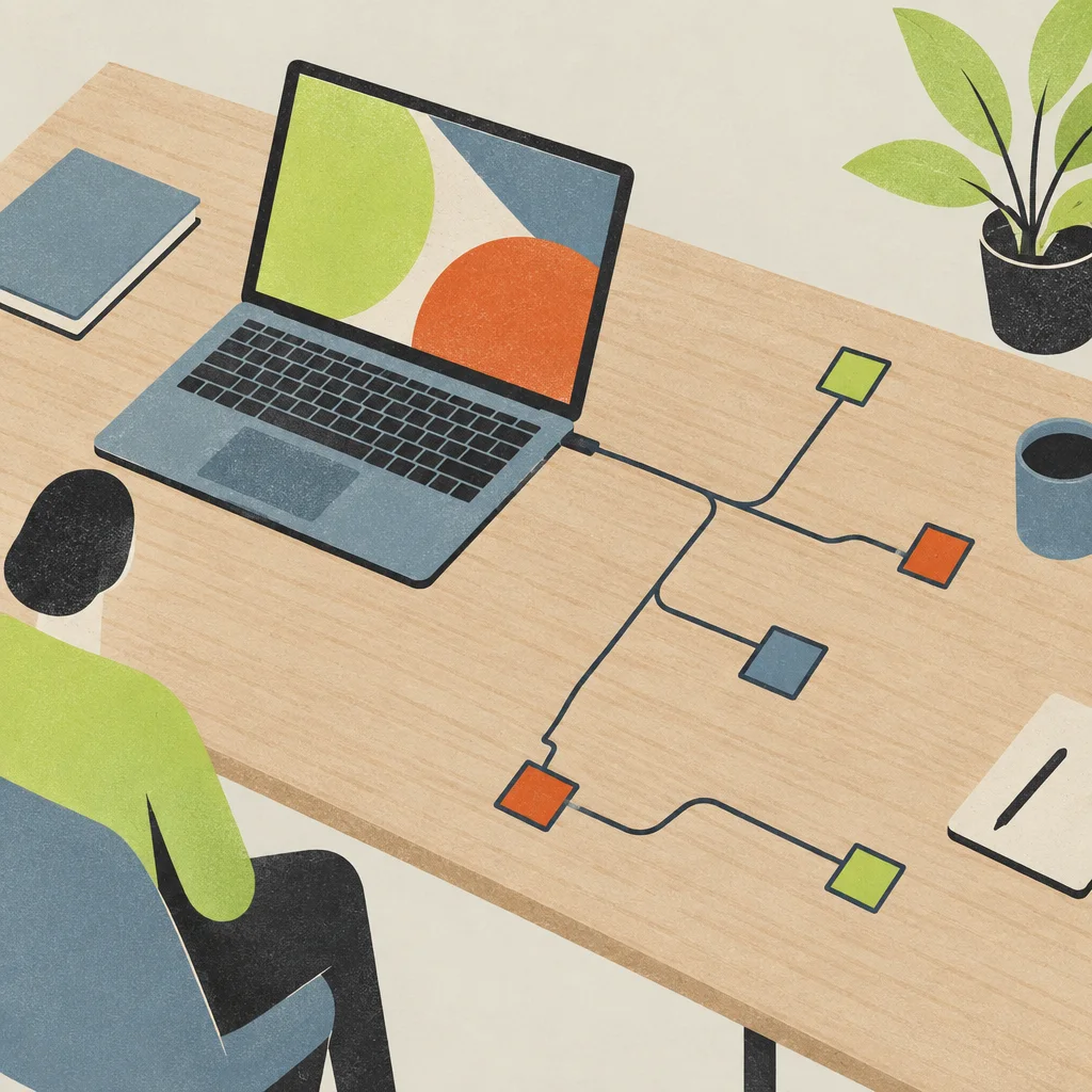 Illustration of a laptop on a desk with cables branching into a small network.
